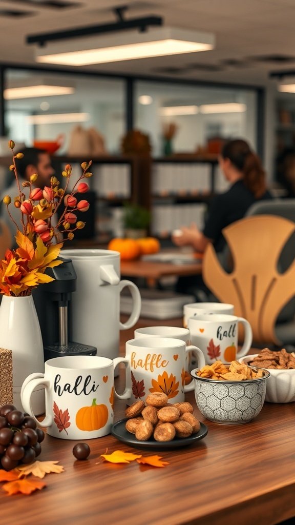 A cozy coffee station setup with fall-themed mugs, snacks, and autumn decorations.