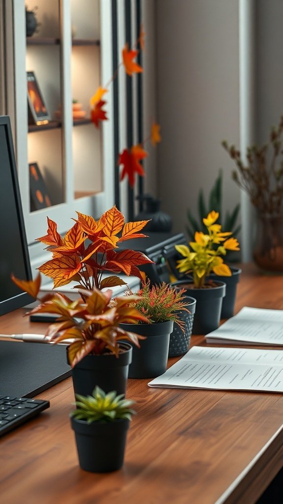 A cozy office desk decorated with autumn-inspired plants in pots.