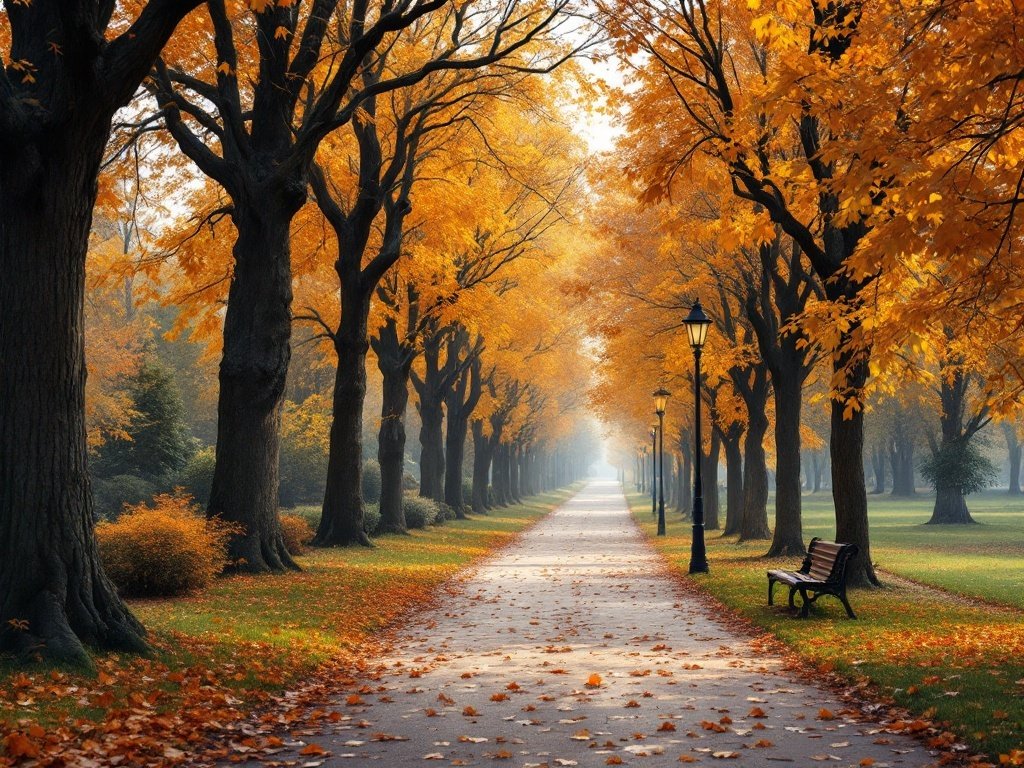 35 Stunning November Wallpaper Ideas for Your iPhone A serene tree-lined path with vibrant fall foliage and a bench, perfect for November wallpaper.