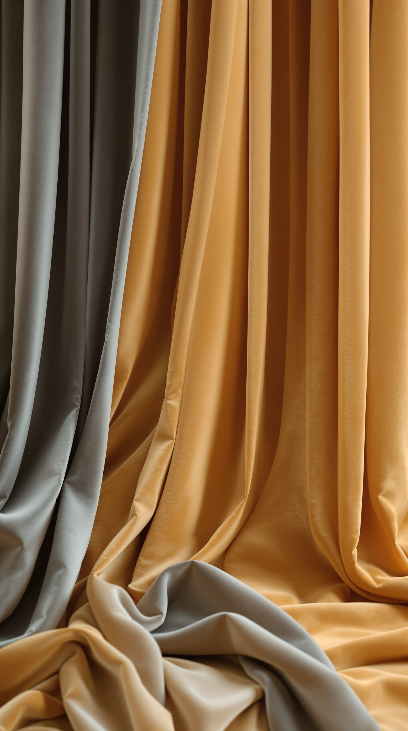 Luxurious drapes in gray and gold fabrics, showcasing rich textures.