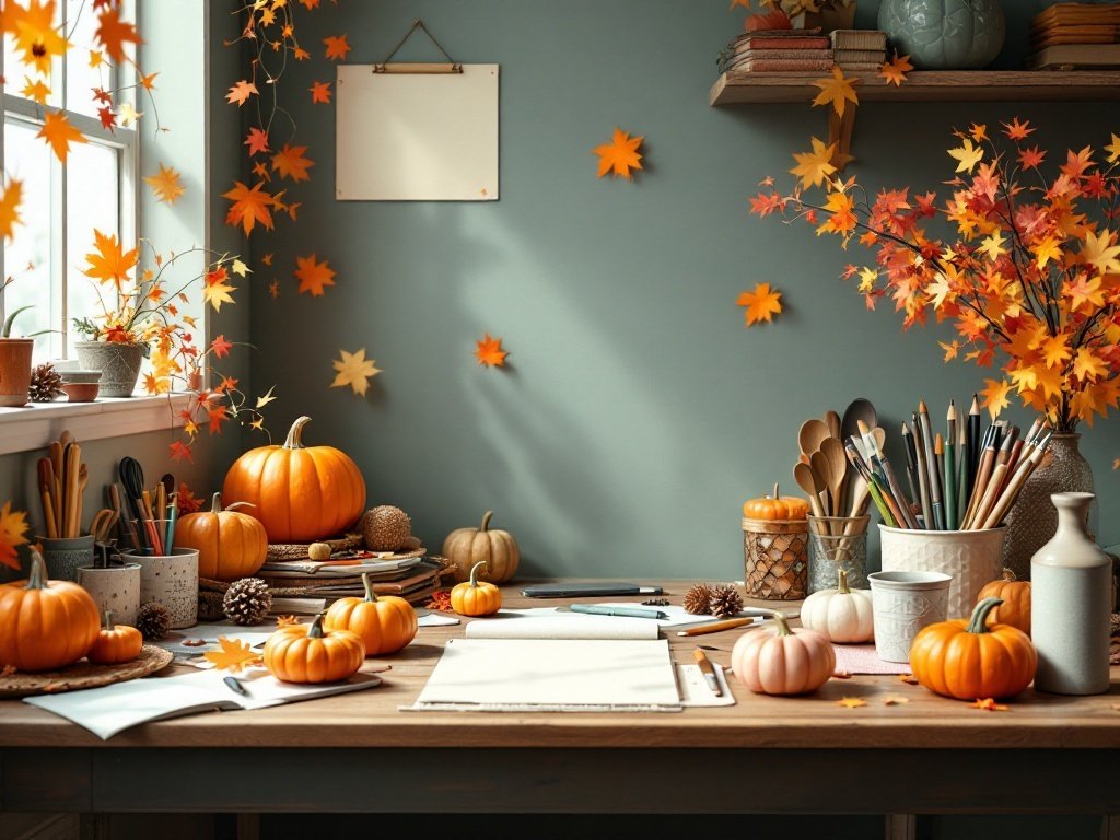35 Stunning November Wallpaper Ideas for Your iPhone A cozy workspace with pumpkins, autumn leaves, and art supplies, perfect for Thanksgiving crafts.
