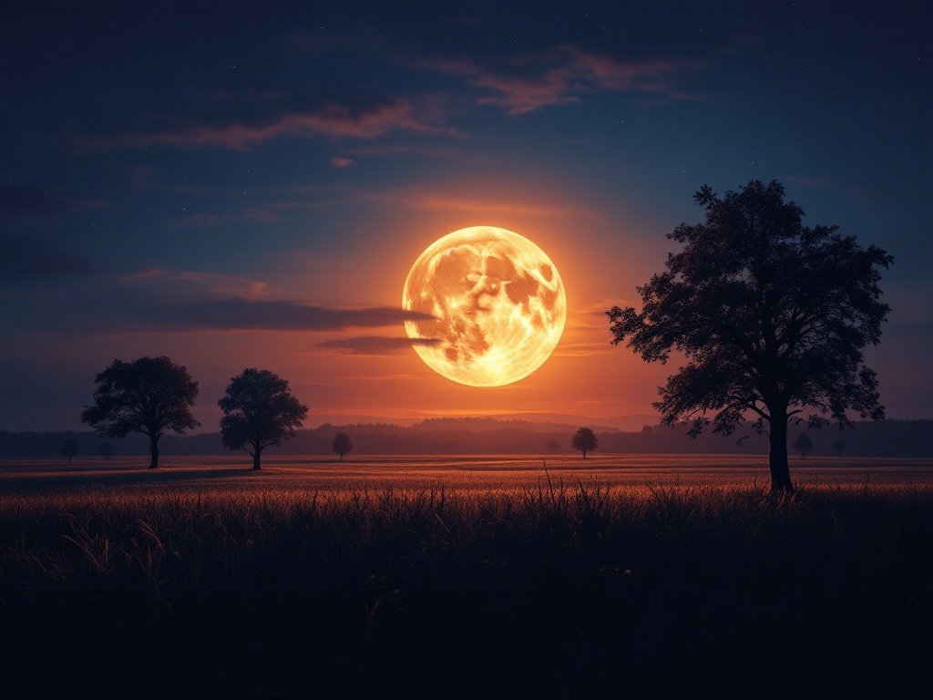 35 Stunning November Wallpaper Ideas for Your iPhone A bright harvest moon over dark silhouettes of trees in a field at night.