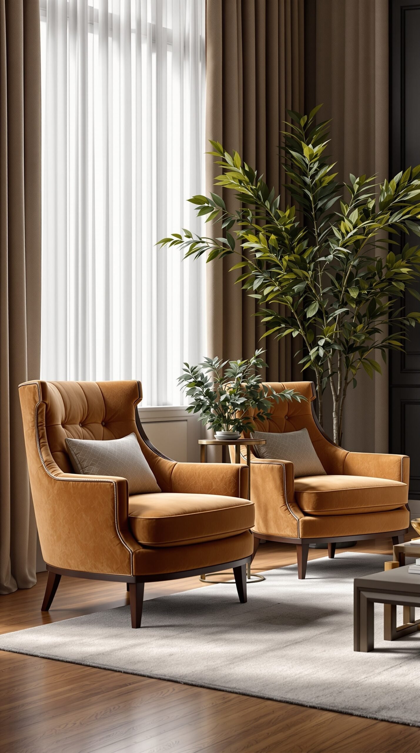 Two classic accent chairs in a living room with natural light and greenery.