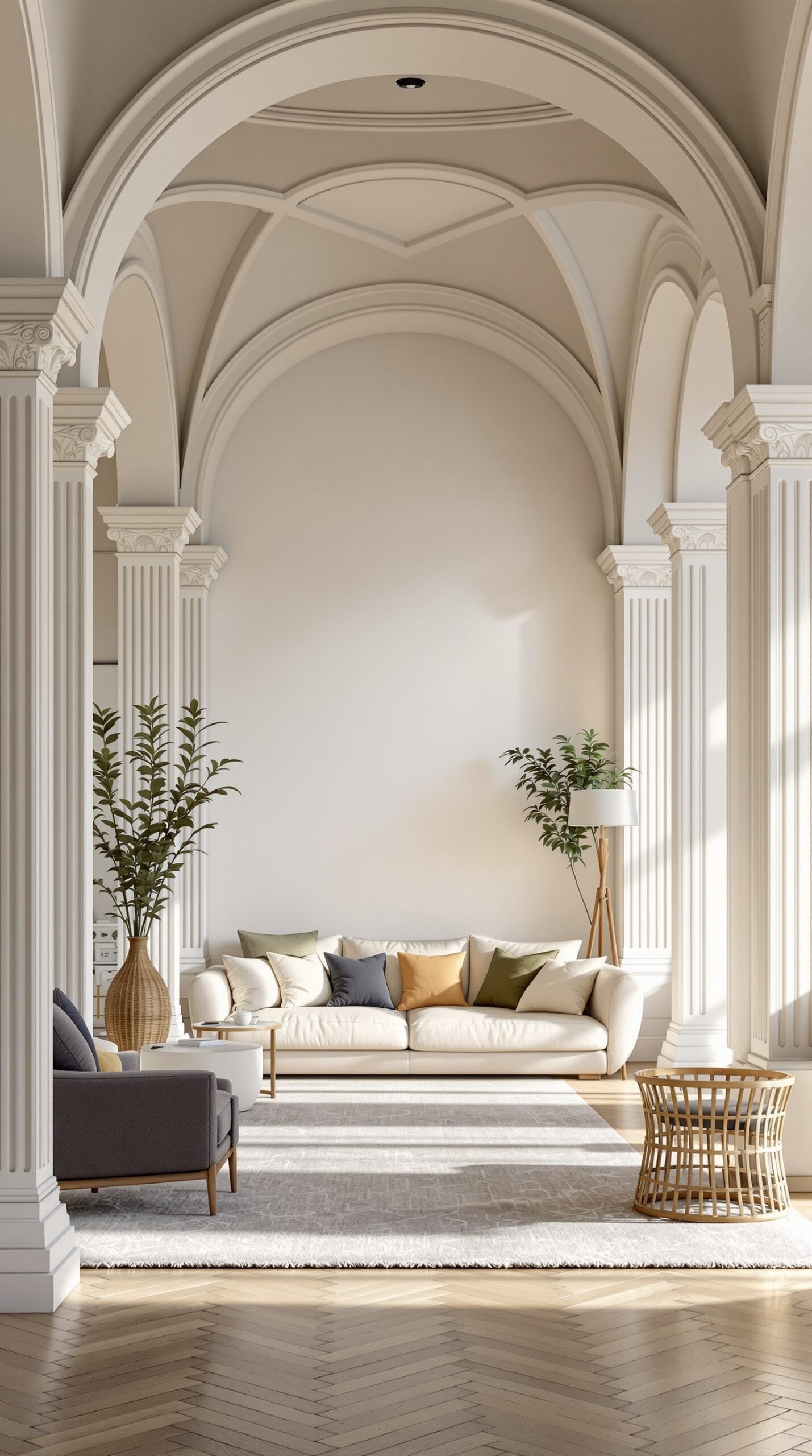 A classic living room with high ceilings, arches, and elegant columns, featuring a light-colored sofa and decorative pillows.