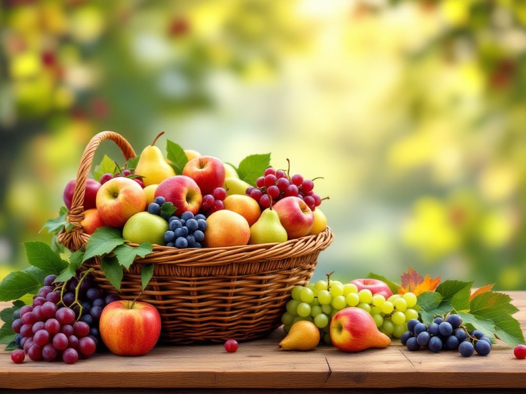 35 Stunning November Wallpaper Ideas for Your iPhone A wicker basket filled with colorful seasonal fruits including apples, pears, and grapes, set against a blurred background of autumn leaves.