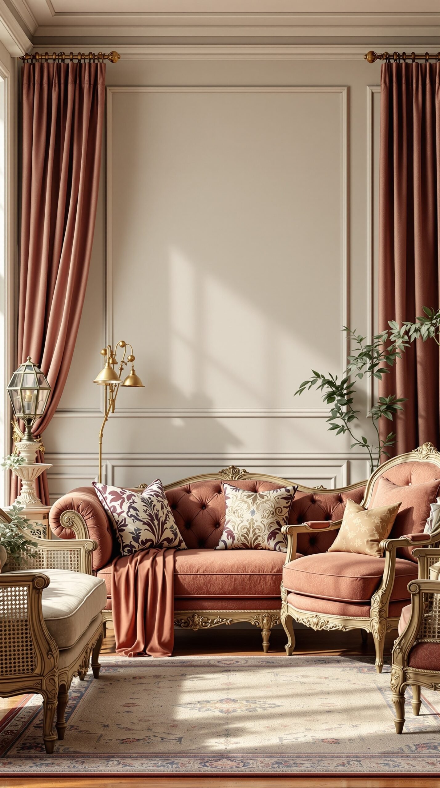A beautifully decorated living room featuring antique furniture, warm tones, and elegant decor.