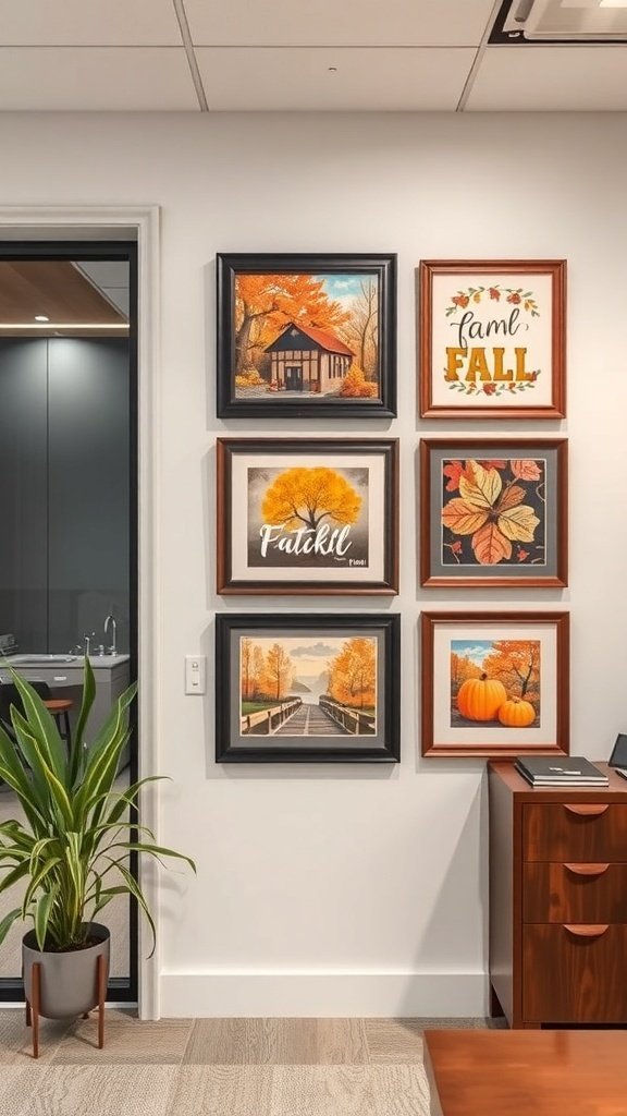 A wall displaying seasonal fall art in an office setting, featuring autumn leaves, pumpkins, and cozy cottages.