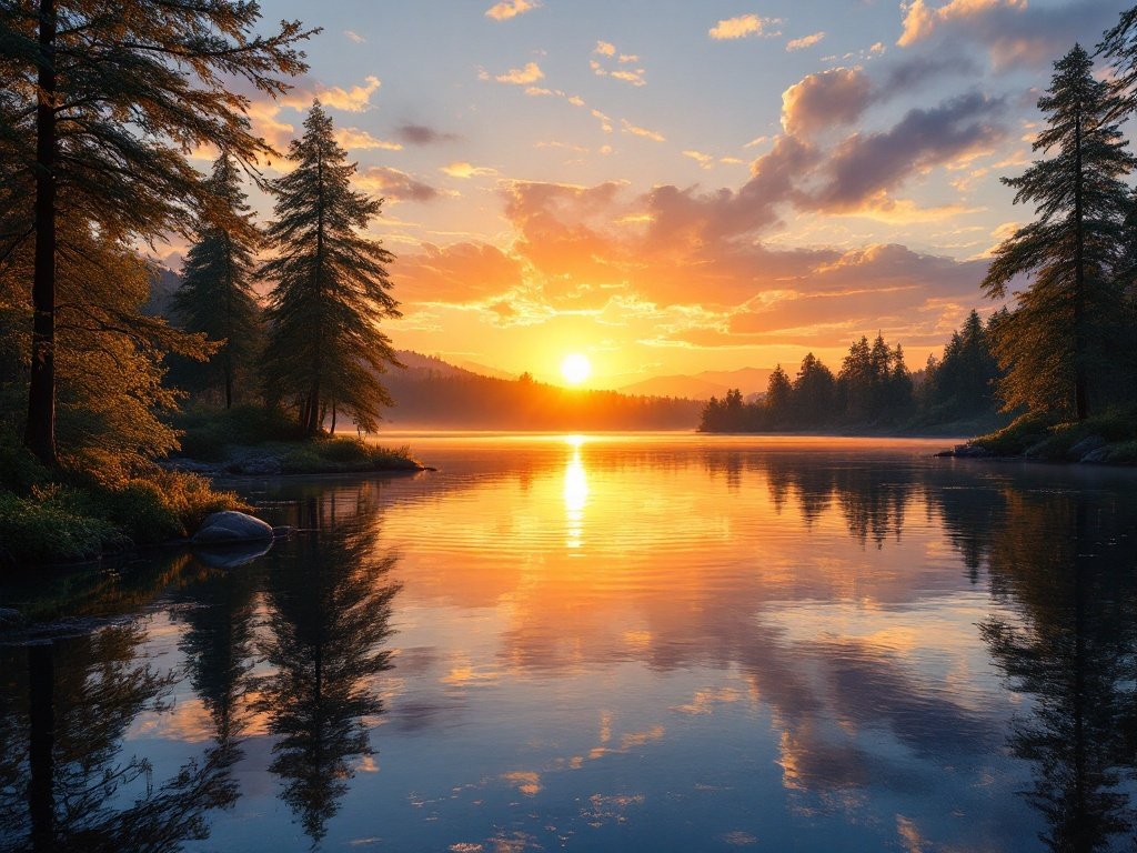 35 Stunning November Wallpaper Ideas for Your iPhone A serene lake at sunset with golden hues reflecting on the water and trees silhouetted against the sky.