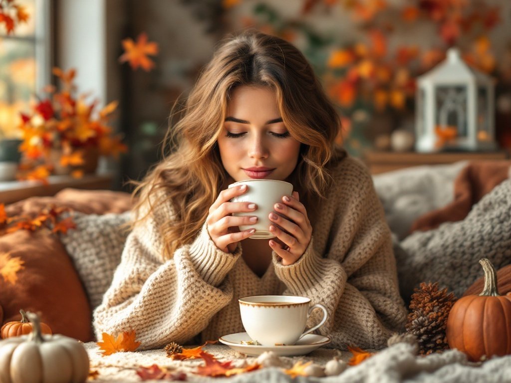 35 Stunning November Wallpaper Ideas for Your iPhone A young woman in a cozy sweater holding a cup, surrounded by autumn leaves and pumpkins.