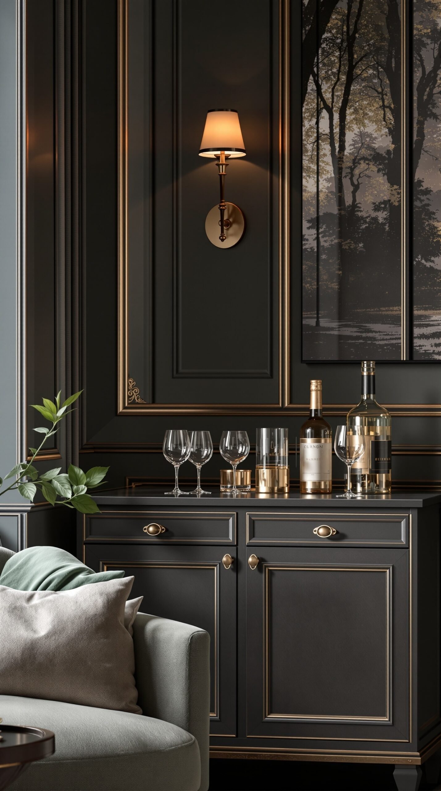 A classic beverage station with dark cabinetry, gold accents, and elegant glassware.