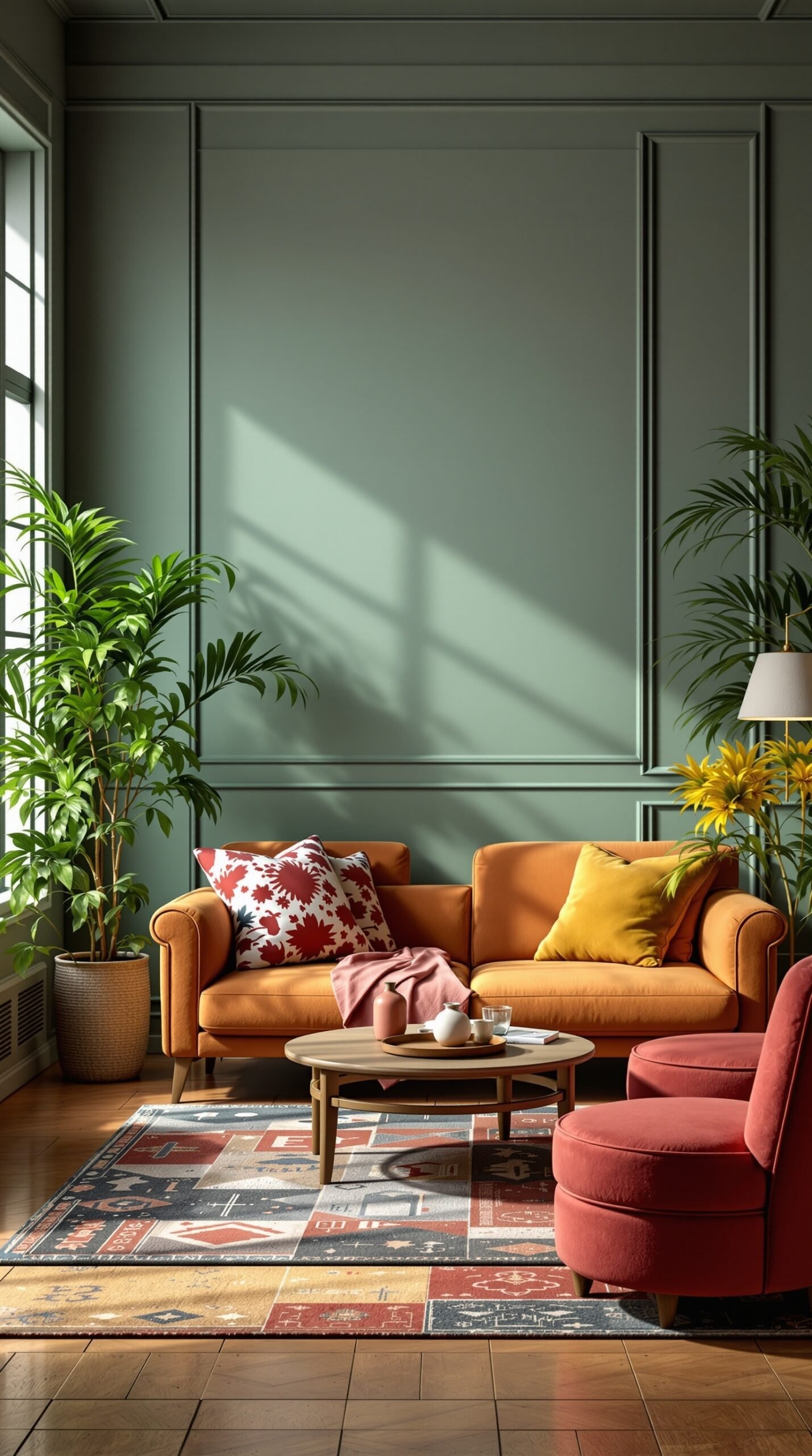 A cozy living room featuring an orange sofa, colorful cushions, a patterned rug, and plants.