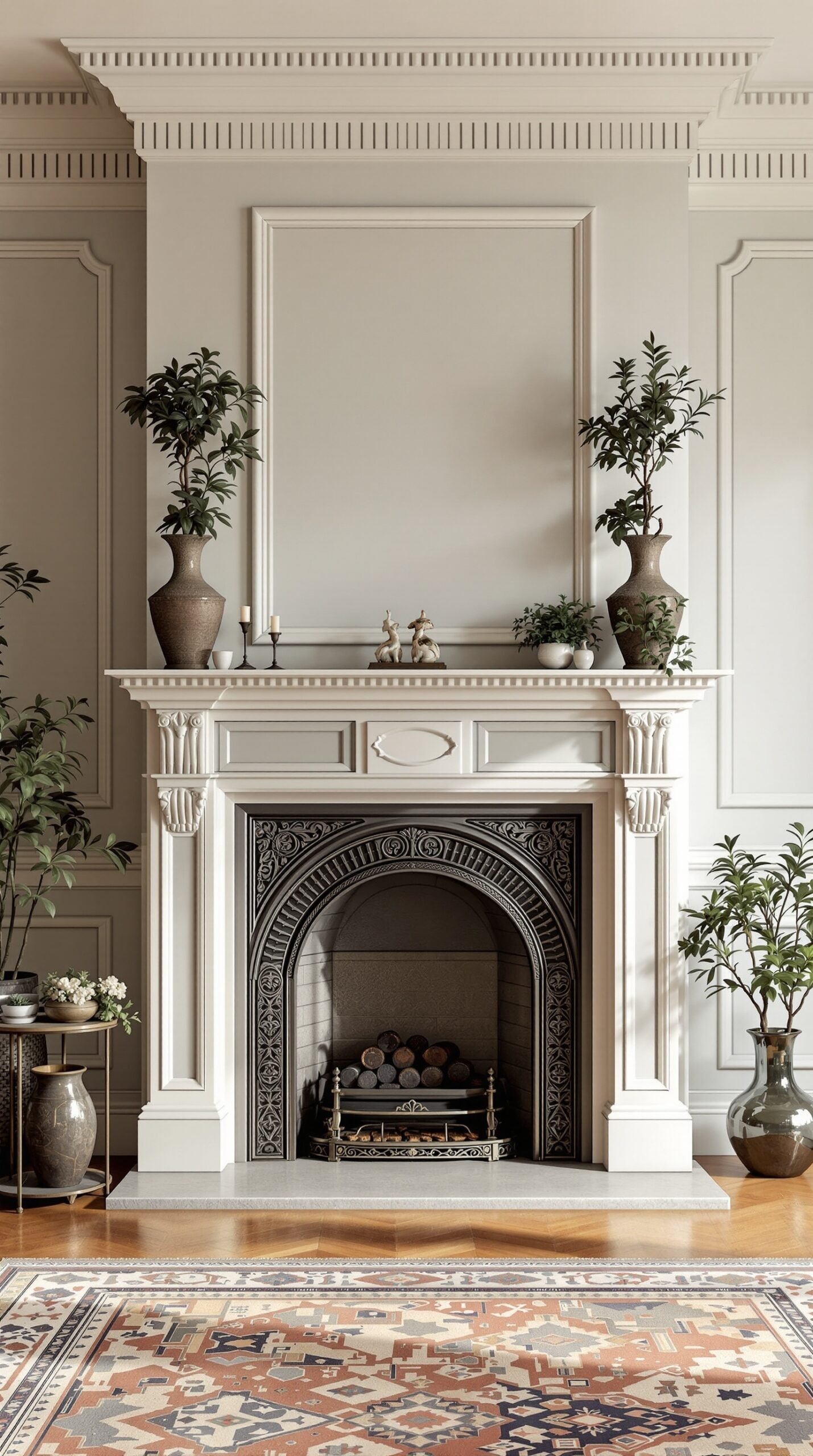An elegant fireplace with intricate design, adorned with vases and greenery, in a classic living room setting.