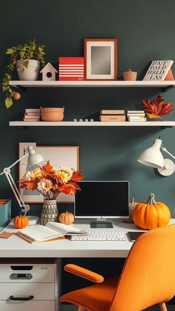 A cozy fall office decor featuring autumn colors, pumpkins, and a warm workspace.