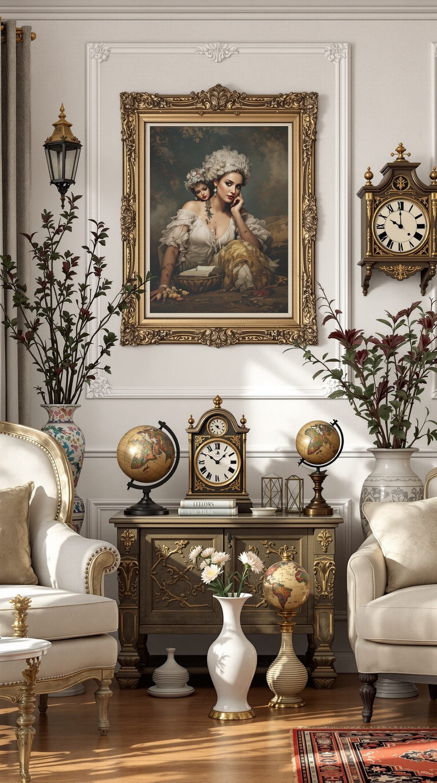 A vintage living room featuring ornate decor, including a framed painting, antique clocks, and globes, with elegant furniture and floral arrangements.