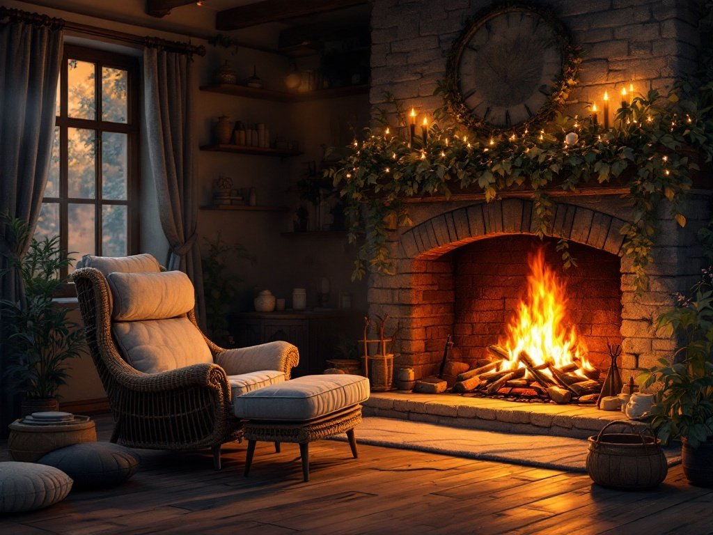 35 Stunning November Wallpaper Ideas for Your iPhone A cozy fireside scene with a warm glow from the fireplace, featuring a comfortable chair and rustic decor.