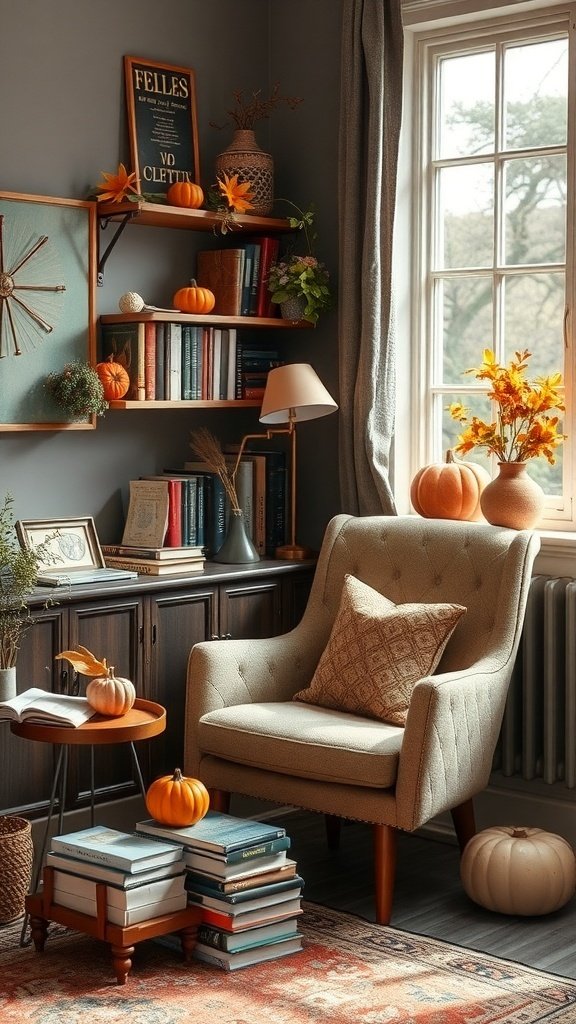 A cozy book nook with a comfortable chair, books, pumpkins, and warm autumn decor.