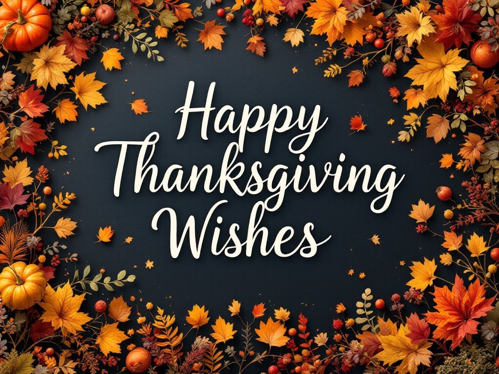 35 Stunning November Wallpaper Ideas for Your iPhone Thanksgiving themed wallpaper with autumn leaves and pumpkins, featuring the text 'Happy Thanksgiving Wishes'.