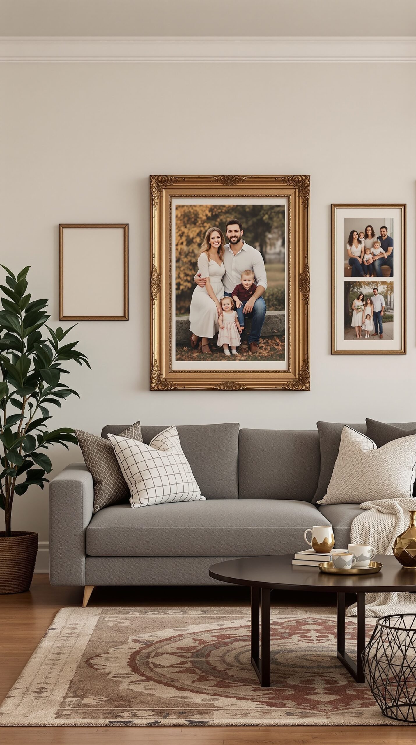 A living room featuring a large family portrait in a gold frame, surrounded by smaller photos, with a cozy couch and coffee table.