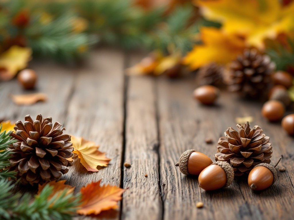 35 Stunning November Wallpaper Ideas for Your iPhone A cozy arrangement of fallen acorns and pine cones on a wooden surface, surrounded by autumn leaves.