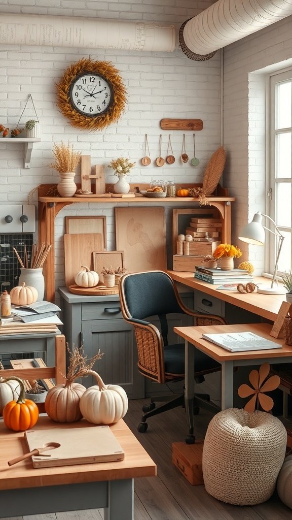 Cozy fall office decor with pumpkins, a wall clock, and natural elements