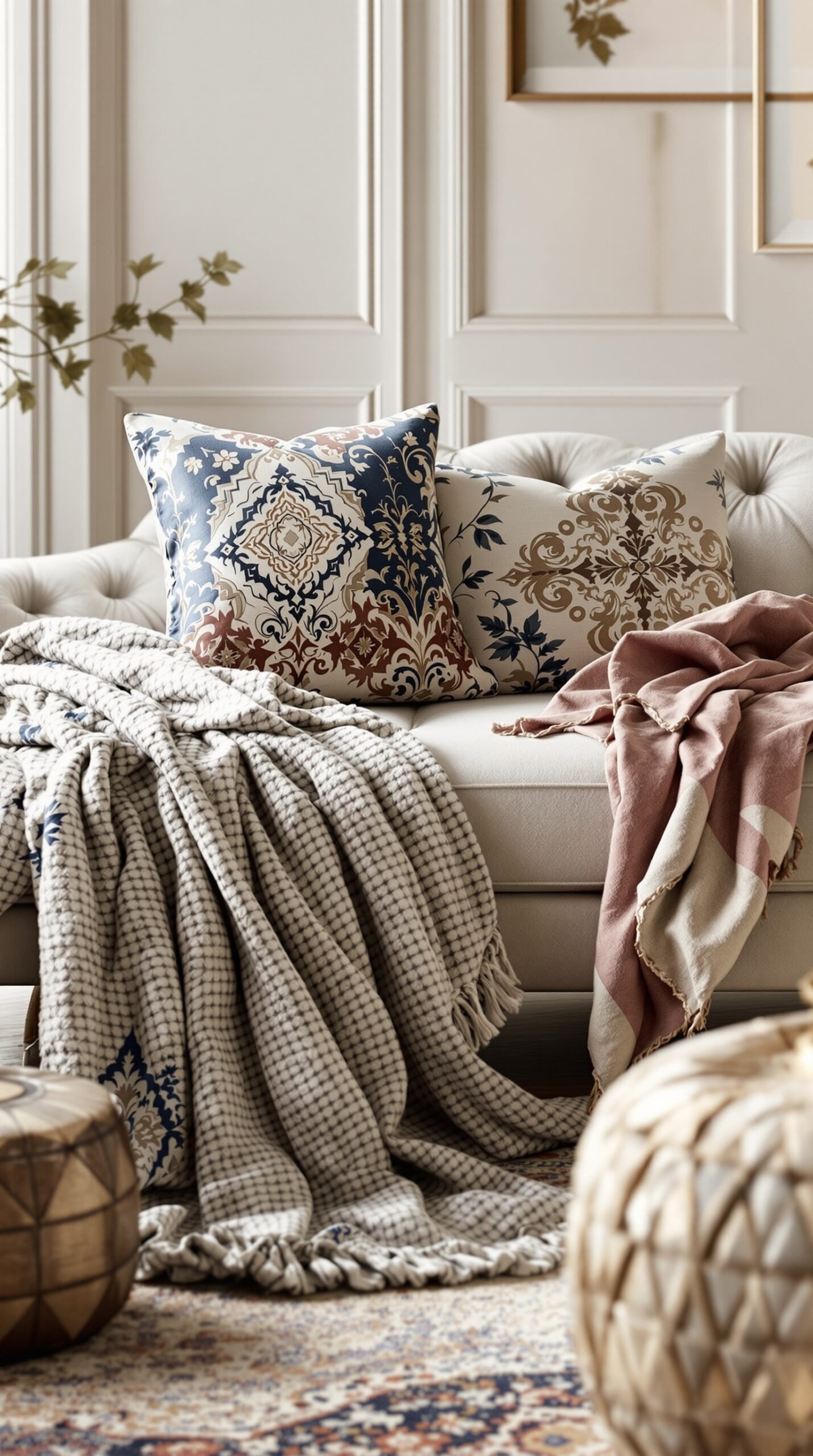 A classic sofa with decorative pillows and cozy throws, styled for an elegant living room.
