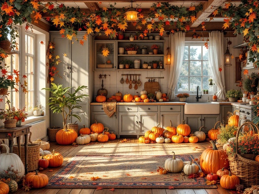 35 Stunning November Wallpaper Ideas for Your iPhone Cozy rustic kitchen decorated with pumpkins and autumn leaves