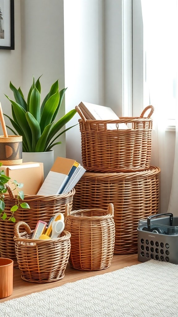 A cozy office space featuring woven baskets for storage, with a plant and books.