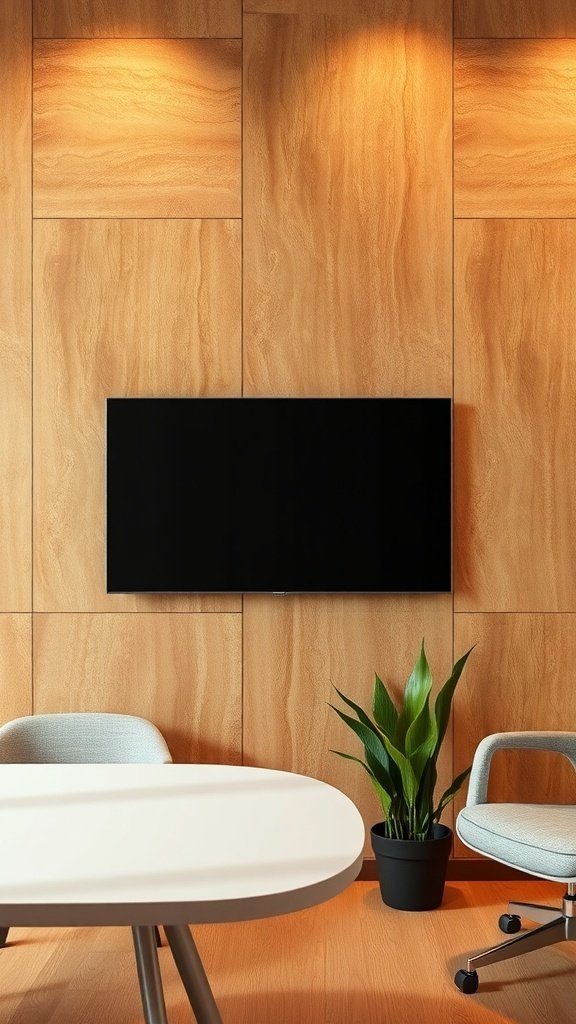 A cozy office space with warm wooden wall panels, soft lighting, a black television, and a potted plant.
