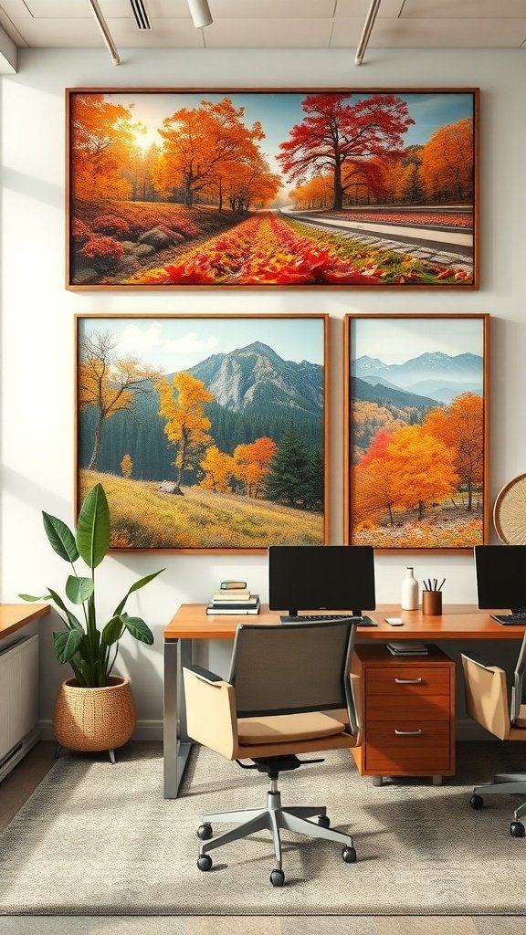 Cozy fall office decor with warm-toned artwork featuring autumn landscapes
