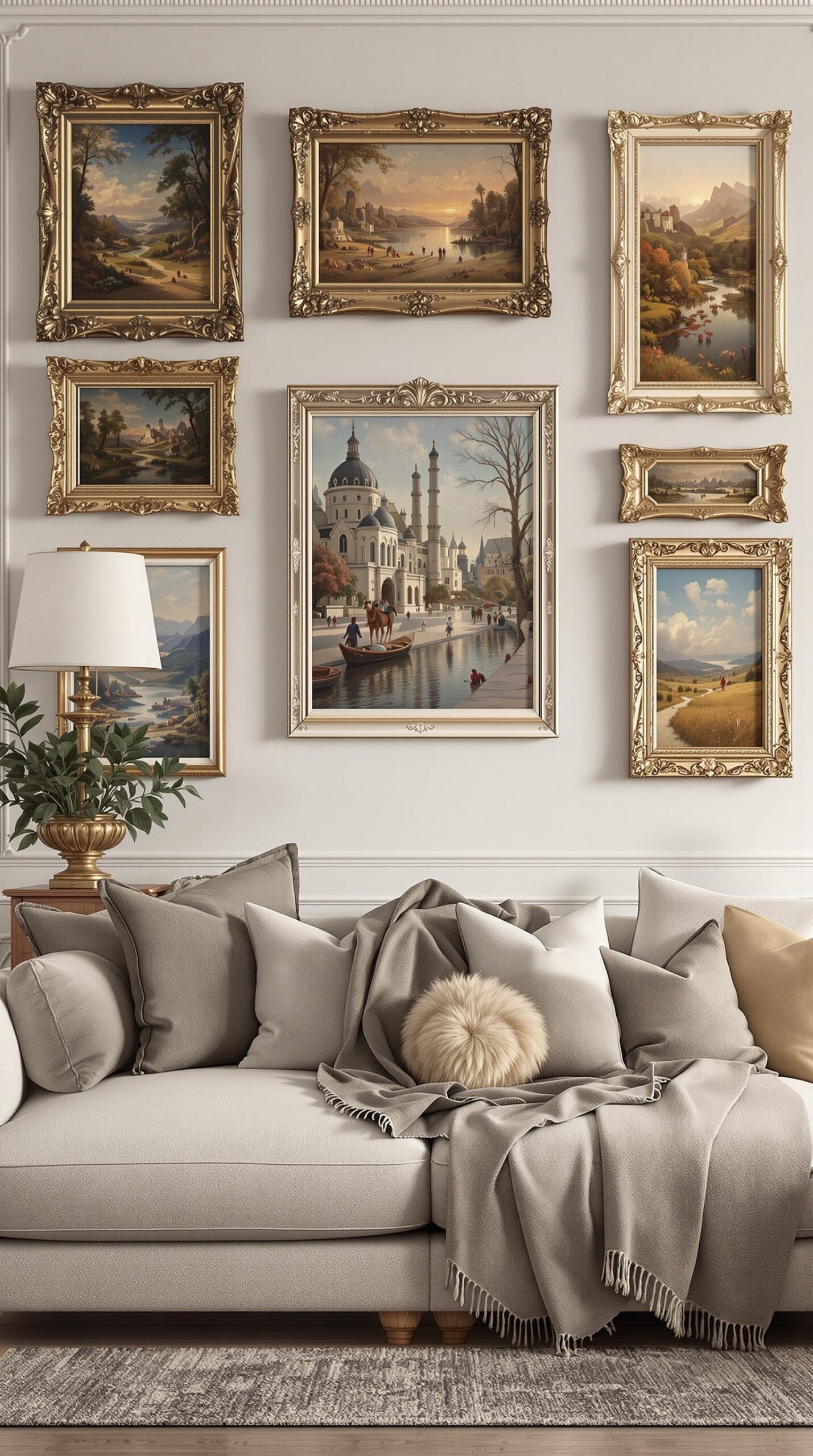 A living room wall featuring an array of framed artwork in ornate gold frames, with a cozy sofa and decorative pillows in the foreground.