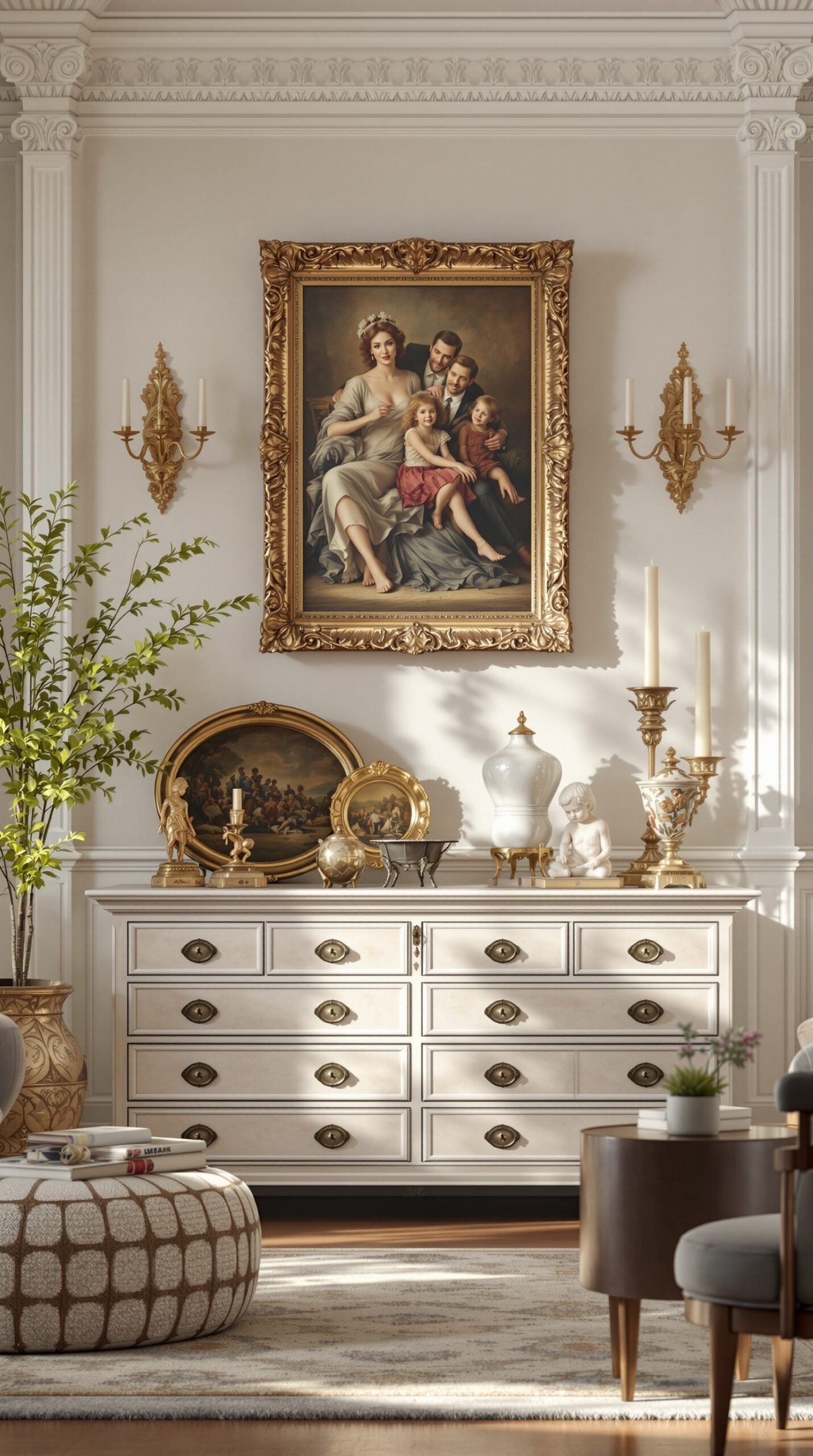 A classic living room display featuring a family portrait, elegant dresser, and decorative items.