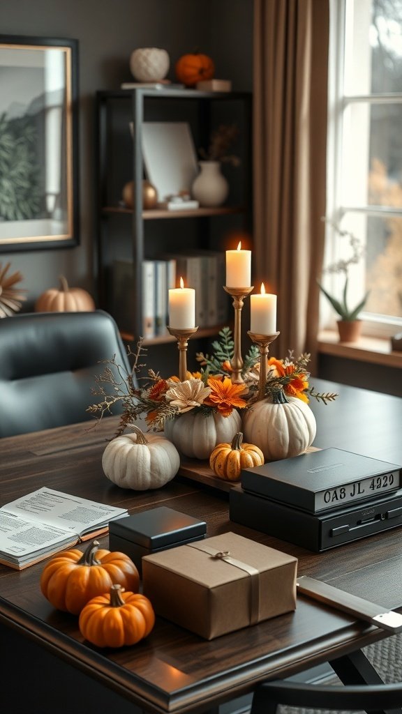 A cozy fall office decor featuring white pumpkins, candles, and autumn flowers on a desk.
