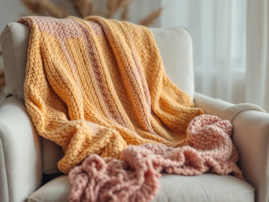 35 Stunning November Wallpaper Ideas for Your iPhone A cozy knitted blanket in yellow and pink draped over a chair, creating a warm atmosphere.