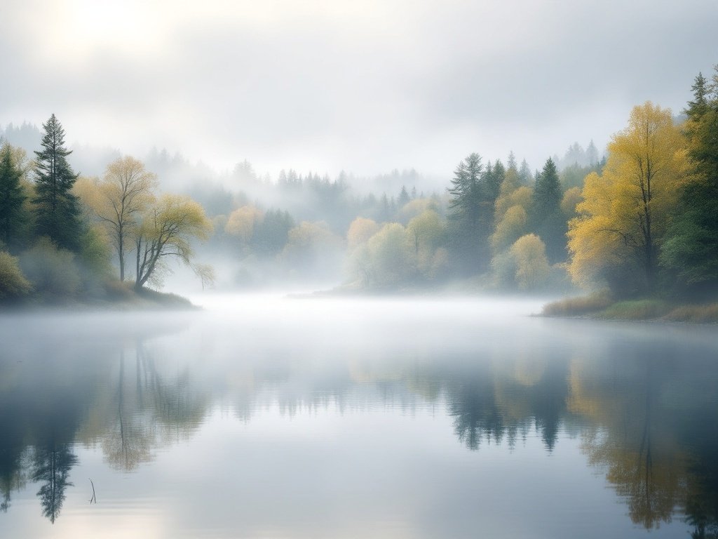 35 Stunning November Wallpaper Ideas for Your iPhone A serene lake surrounded by trees in autumn colors, shrouded in morning fog.