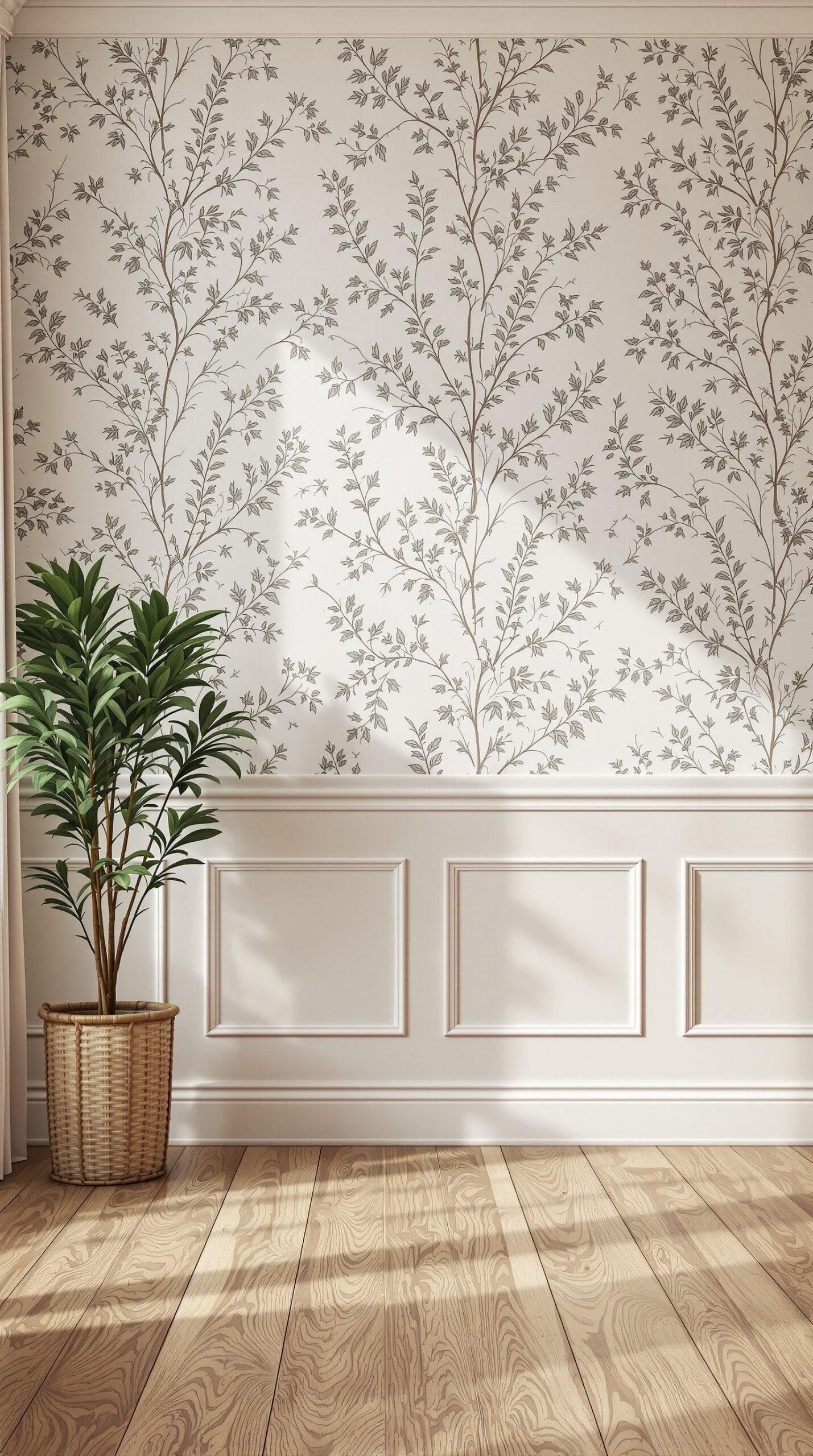 Traditional wall treatment with botanical patterned wallpaper and wainscoting in a living room