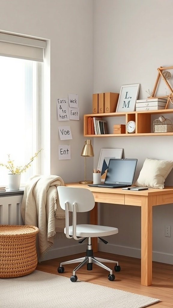 A cozy office space with a wooden desk, a comfortable chair, a woven basket, and warm decor elements.