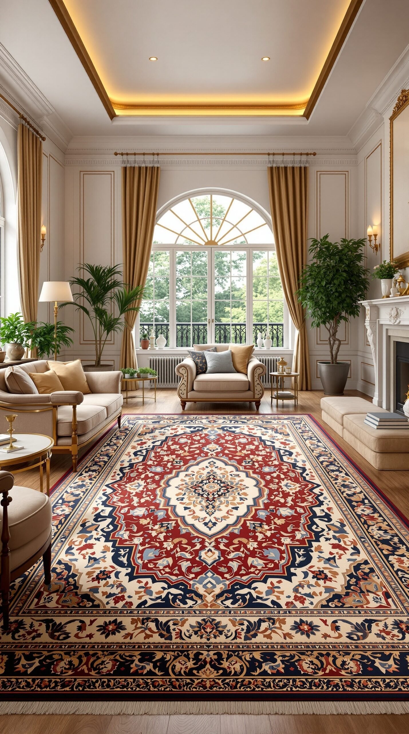 A sophisticated living room featuring an ornate area rug with intricate patterns in red and blue, complemented by elegant furniture and decor.