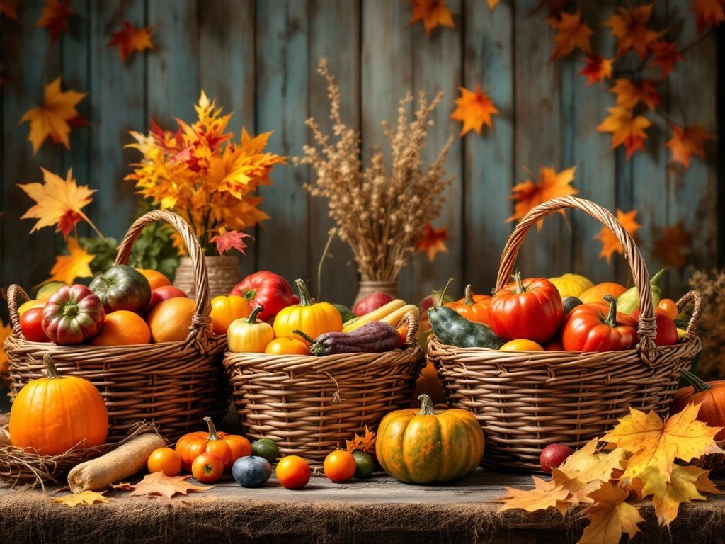 35 Stunning November Wallpaper Ideas for Your iPhone Woven baskets filled with colorful pumpkins and gourds, surrounded by autumn leaves.