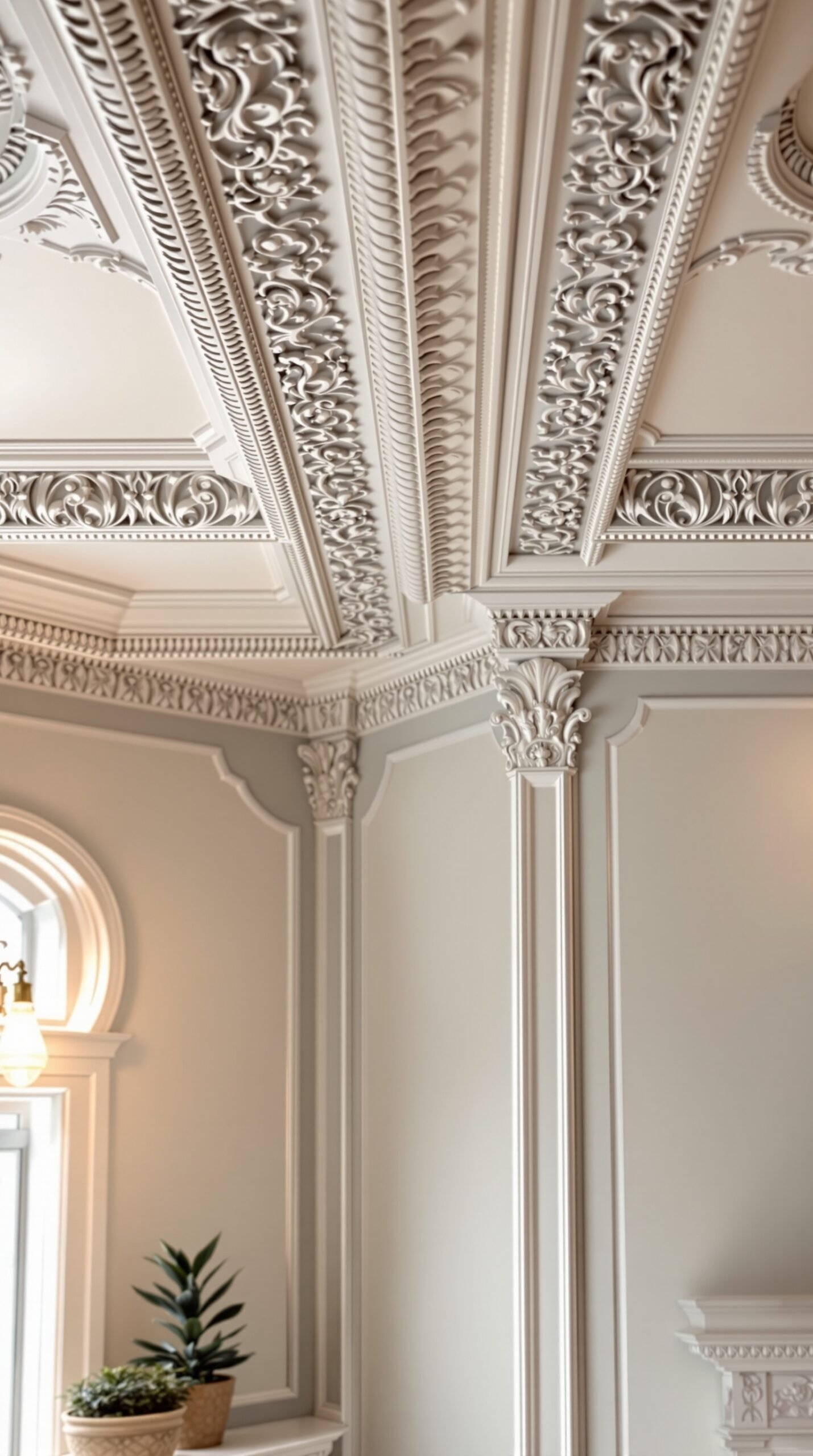 Intricate crown molding details in a classic living room. Old Money Living Room