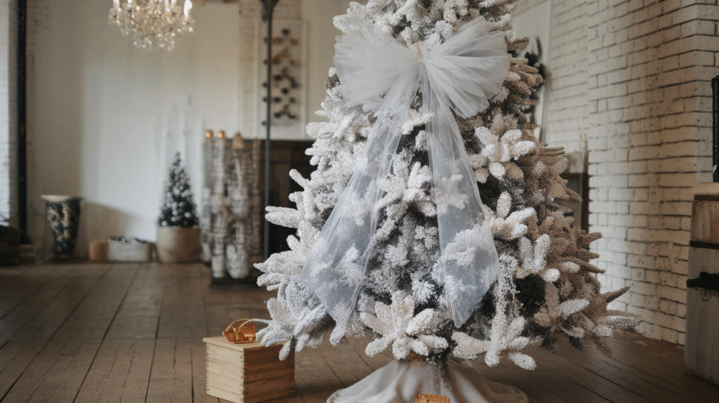 a snowy white Christmas tree with a tulle bow and silver tinsel glowing under soft lights