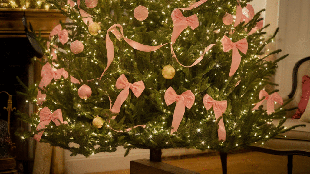 a sparkling green Christmas tree with pink satin ribbons and gold baubles