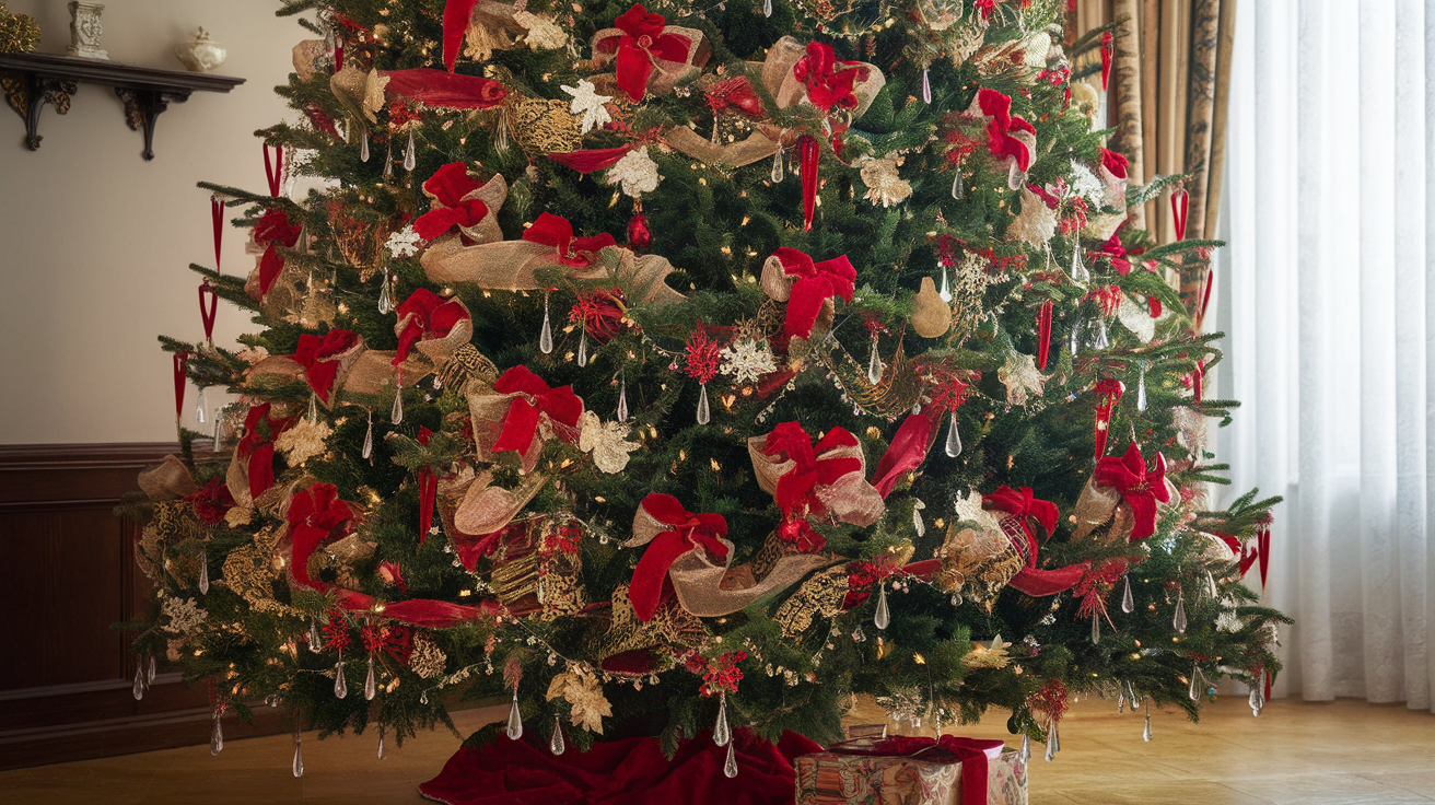 a tall Christmas tree decorated in red and gold with matching ribbons and crystal drops