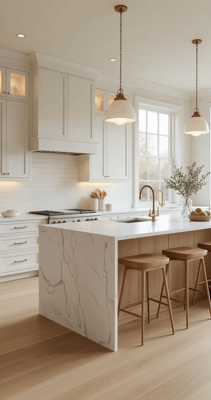 Light Wood Kitchen Cabinets: The Ultimate 2025 Design Trend Guide Photorealistic modern kitchen with white oak cabinets, 12-foot ceilings, soft morning light, quartz island, brass pulls, and stainless steel appliances, showcasing a bright, airy atmosphere.