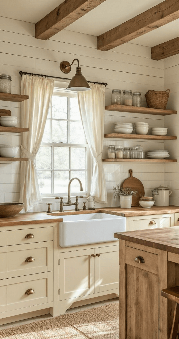 Light Wood Kitchen Cabinets: The Ultimate 2025 Design Trend Guide Cozy farmhouse kitchen with birch cabinets, antique brass knobs, apron-front sink, and butcher block island, featuring cream subway tiles and open shelving filled with mason jars, all illuminated by morning sunlight filtering through cafe curtains.