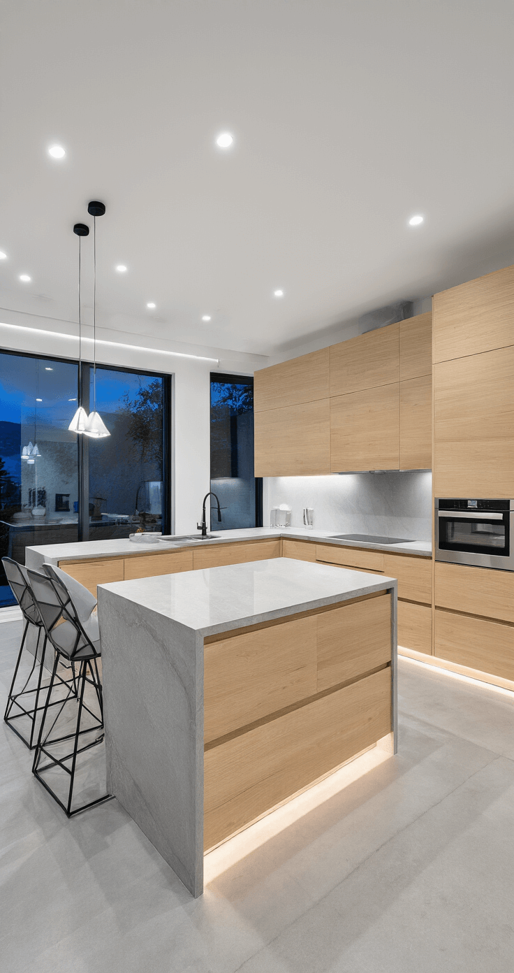 Light Wood Kitchen Cabinets: The Ultimate 2025 Design Trend Guide Contemporary kitchen with light wood handleless cabinets, integrated appliances, polished concrete floors, and a quartz waterfall island, featuring floor-to-ceiling windows and cool-toned LED lighting, viewed from the living area to highlight clean lines and modern design.