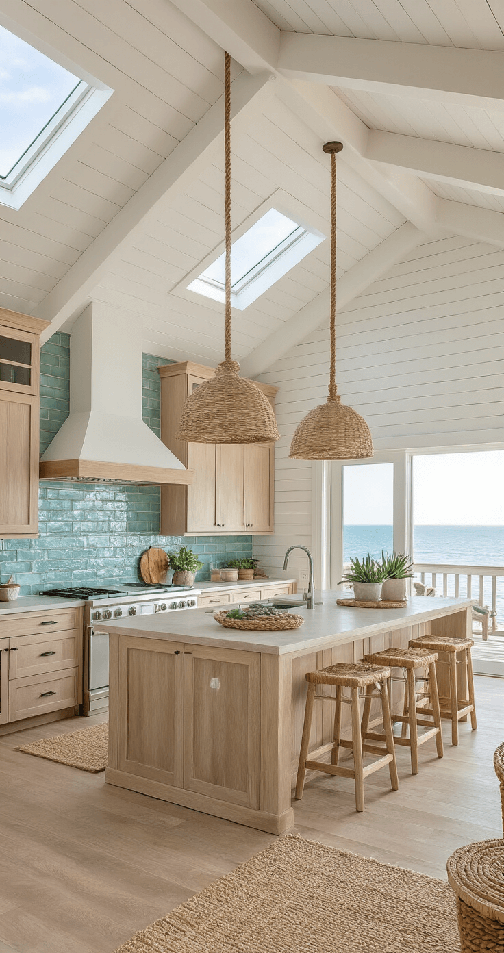 Light Wood Kitchen Cabinets: The Ultimate 2025 Design Trend Guide A spacious modern coastal kitchen featuring bleached oak cabinets with rope hardware, a shiplap accent wall, and a vaulted ceiling with exposed white beams. Natural light floods the room through large skylights, illuminating the sea glass backsplash and driftwood-toned island. Nautical pendant lighting hangs above, while ocean views are visible through French doors. Potted succulents and woven placemats add to the breezy, beach-inspired atmosphere, enhanced by golden hour lighting.