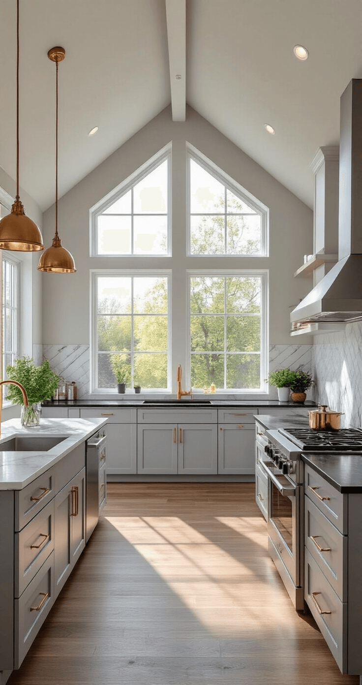 Light Gray Kitchen Cabinets: The Ultimate Modern Design Guide Photorealistic modern kitchen featuring light gray shaker cabinets, black granite countertops, and a white marble backsplash, with vaulted ceilings and large windows allowing afternoon light. The space includes brushed gold pulls, pendant lights over an island, walnut wood floors, and stainless steel appliances, decorated with fresh herbs and copper accents, creating a sophisticated and airy atmosphere.