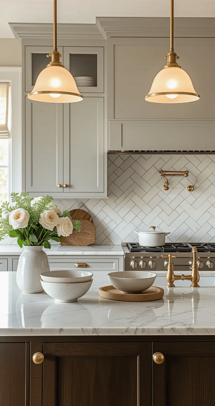 Light Gray Kitchen Cabinets: The Ultimate Modern Design Guide Elegant kitchen with light gray Revere Pewter cabinets, herringbone marble subway tile backsplash, brass hardware, dark wood island, quartz countertops, and professional food styling—golden hour light filtering through sheer curtains.
