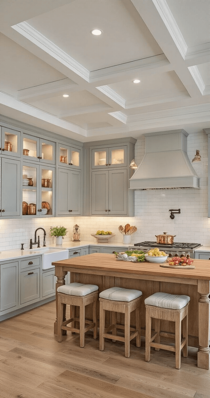 Light Gray Kitchen Cabinets: The Ultimate Modern Design Guide A spacious transitional kitchen featuring Edgecomb Gray cabinets, a butcher block island, coffered ceiling, and soft LED under-cabinet lighting, styled with vintage copper pots and fresh produce, captured in warm evening ambient light.