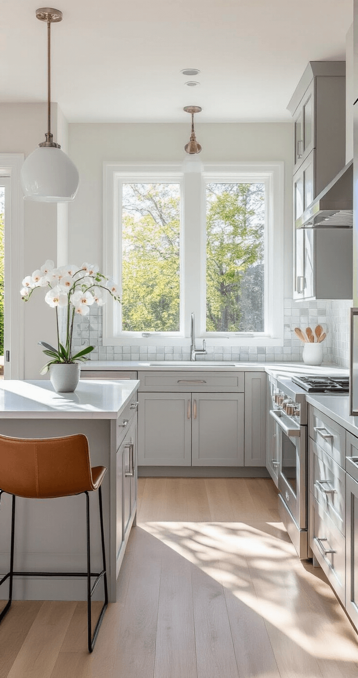 Light Gray Kitchen Cabinets: The Ultimate Modern Design Guide A contemporary galley kitchen featuring light French Gray cabinets, glass tile backsplash, white quartz waterfall countertops, and light oak floors, styled with geometric ceramics and an orchid, captured in bright natural light with a minimalist Scandinavian aesthetic.